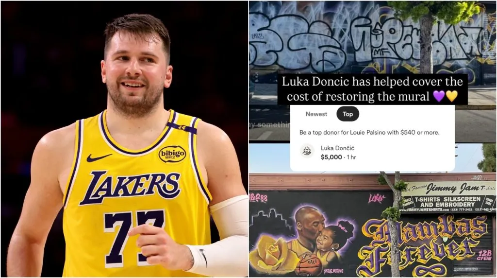 Luka Doncic y un mural de Kobe Bryant. (Foto: Getty Imagez y X / @kobehighlight)