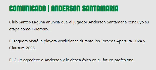 El comunicado oficial de Santos Laguna sobre Anderson Santamaría [Foto: CSL]