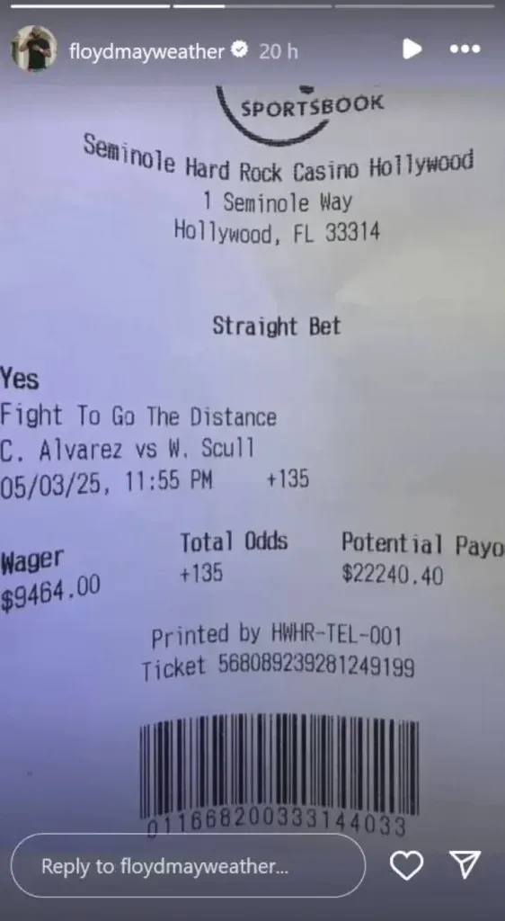 Así fue la apuesta que realizó Floyd Mayweather en la pelea de Canelo Álvarez vs. William Scull. (CAPTURA DE PANTALLA)