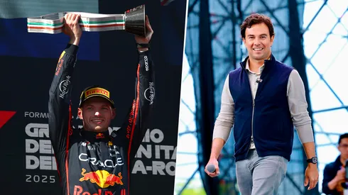 Max Verstappen en el podio de Imola y Checo Pérez