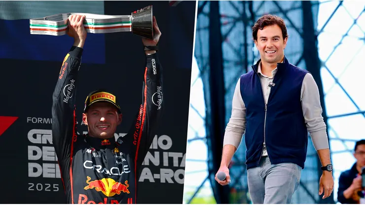 Max Verstappen en el podio de Imola y Checo Pérez