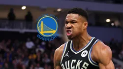 Logo de los Warriors y Giannis Antetokounmpo.