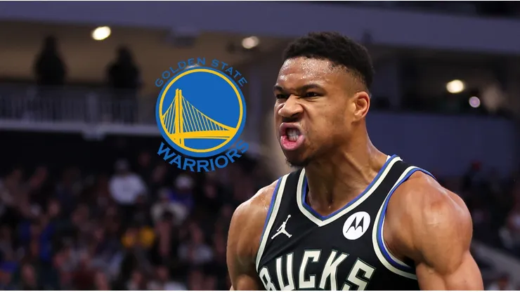 Logo de los Warriors y Giannis Antetokounmpo.