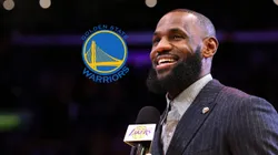 El logo de Warriors y LeBron James.