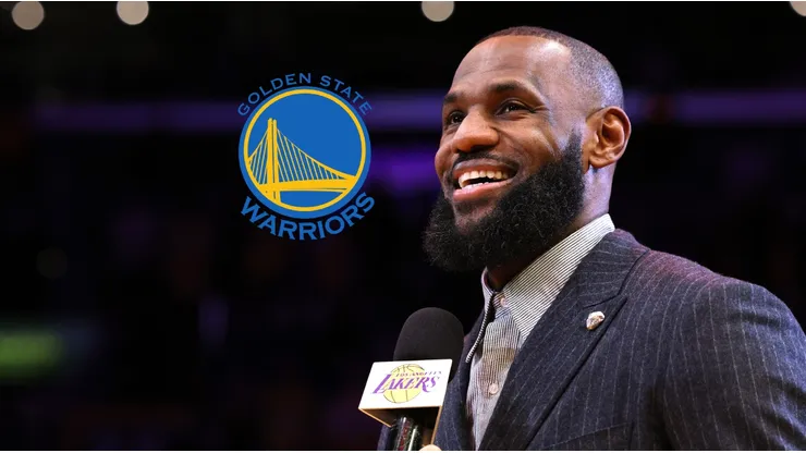 El logo de Warriors y LeBron James.