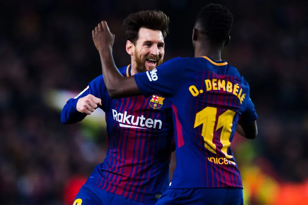 Lionel Messi y Ousmane Dembélé en Barcelona (GETTY IMAGES)