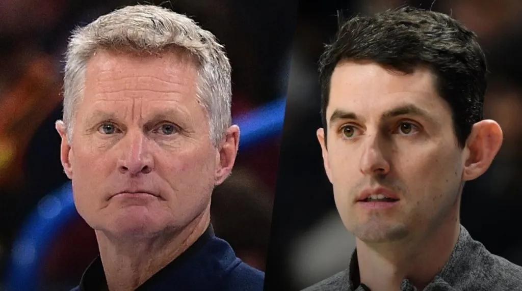 Steve Kerr y Nicholas Kerr. (Foto: X / @ESPNNBA)