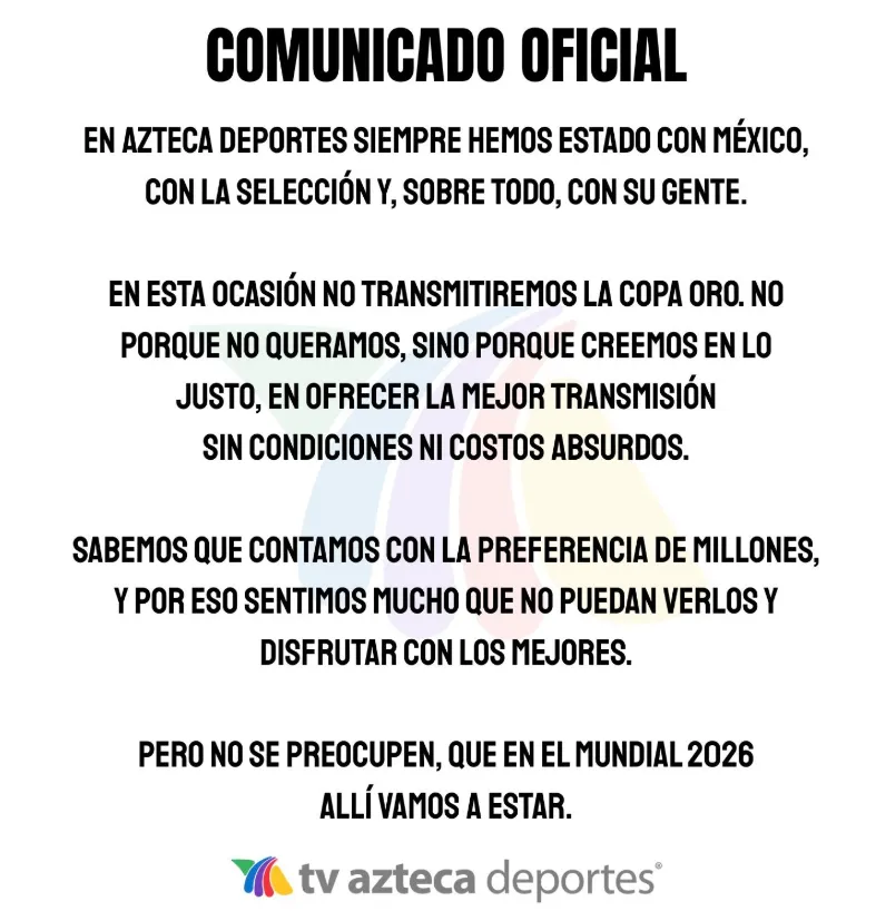 El comunicado de TV Azteca. (TV Azteca oficial)