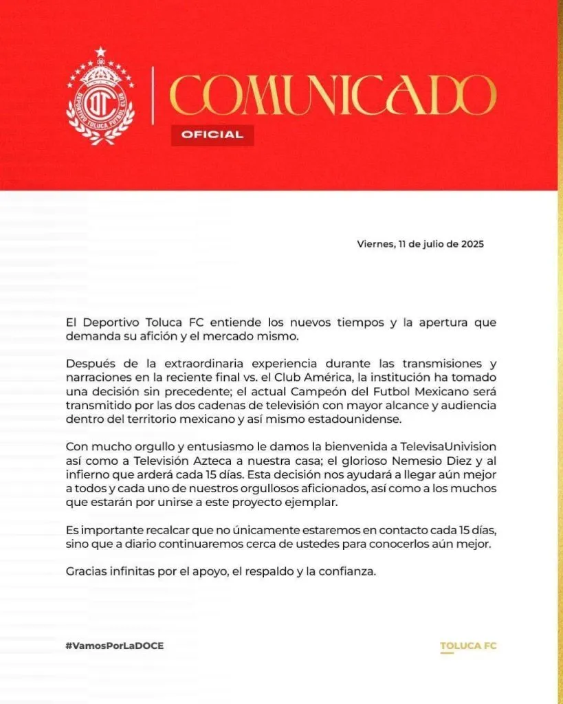 El comunicado de Toluca a los aficionados por el cambio de televisora. (TOLUCA)