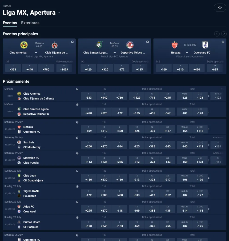 Pantalla de lebull con apuestas a la Liga MX