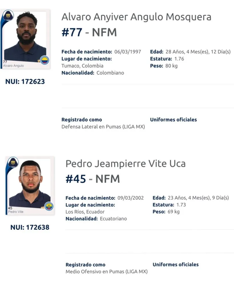 La Liga MX reveló los dorsales de los refuerzos de Pumas UNAM. [Foto: Liga MX]