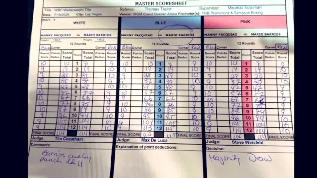 Los jueces determinaron un empate mayoritario entre Manny Pacquiao y Mario Barrios. (X)