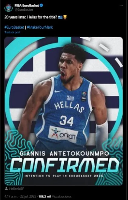 Antetokounmpo jugará en el Eurobasket. (Foto: X / @EuroBasket)