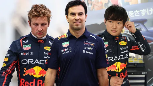 Liam Lawson, Checo Pérez y Yuki Tsunoda en Red Bull