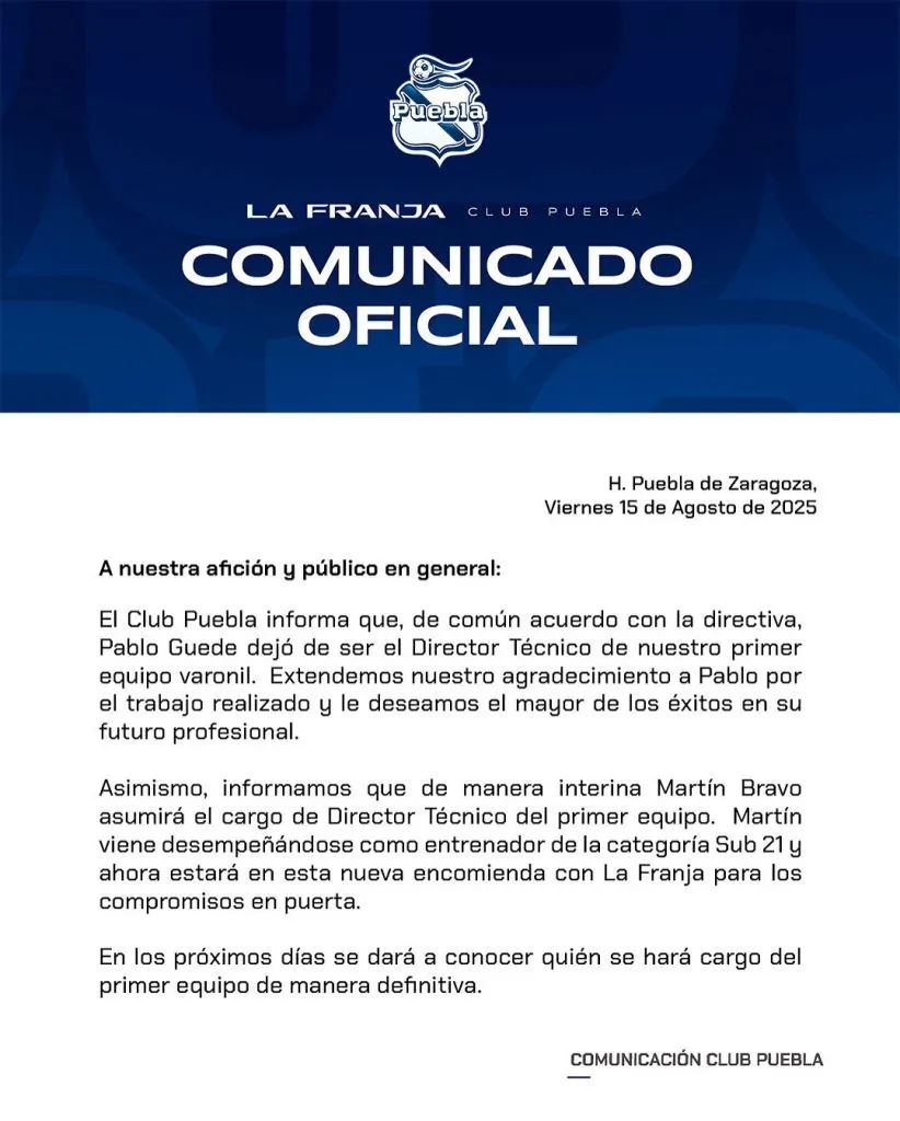 El comunicado de Puebla anunciando a Martín Bravo como entrenador interino. (Puebla oficial)