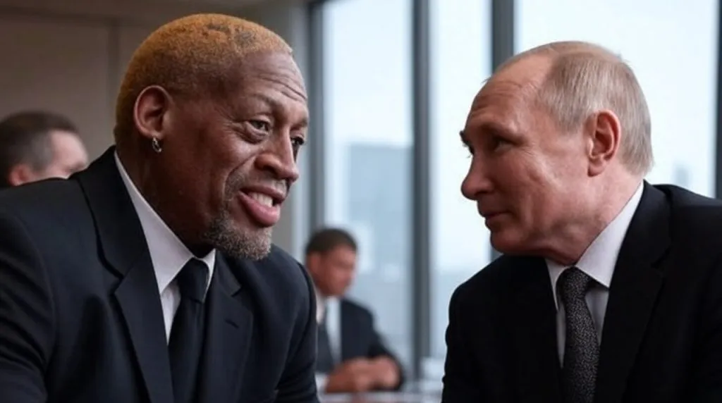 Dennis Rodman y Vladimir Putin. (Foto: Imagen generada por Grok IA)