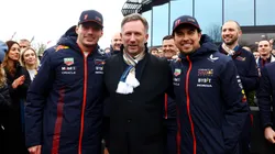 Max Verstappen, Christian Horner y Checo Pérez en Red Bull