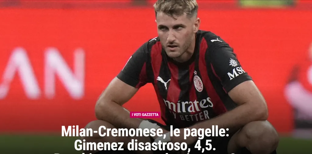 El puntaje de La Gazzetta Dello Sport a Santiago Giménez y la palabra ‘desastroso’ (Captura de pantalla)