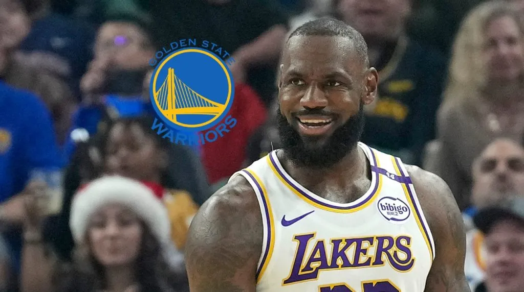 Logo de Warriors y LeBron James