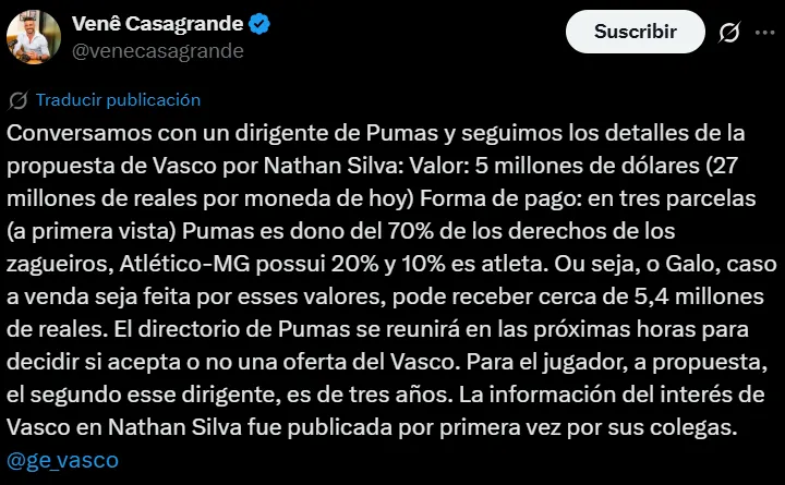 El periodista Vene Casagrande aseguró que la directiva de Pumas se reunirá para evaluar la oferta de Vasco de Gama por Nathan Silva. (captura de pantalla de X)