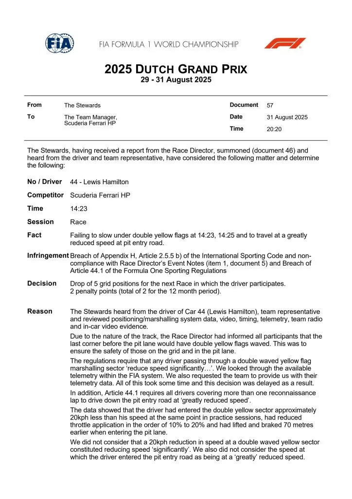El comunicado de la FIA sobre la sanción de Lewis Hamilton (@FIA)