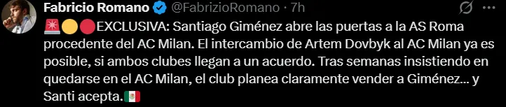 Fabrizio Romano confirmó que Santiago Giménez acepta salir de Milan rumbo a Roma. (Captura de pantalla)