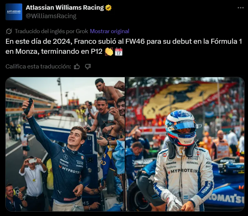 El posteo de Williams para Colapinto (@WilliamsRacing)
