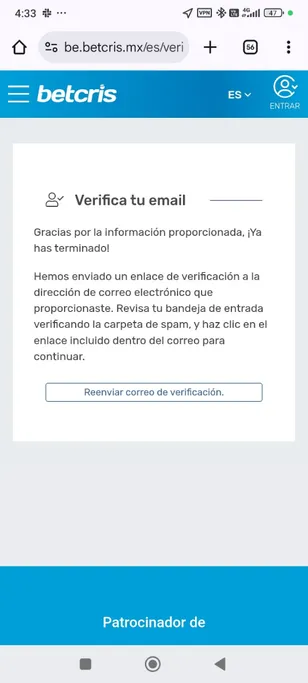 Verificación de correo en el registro de Betcris 
