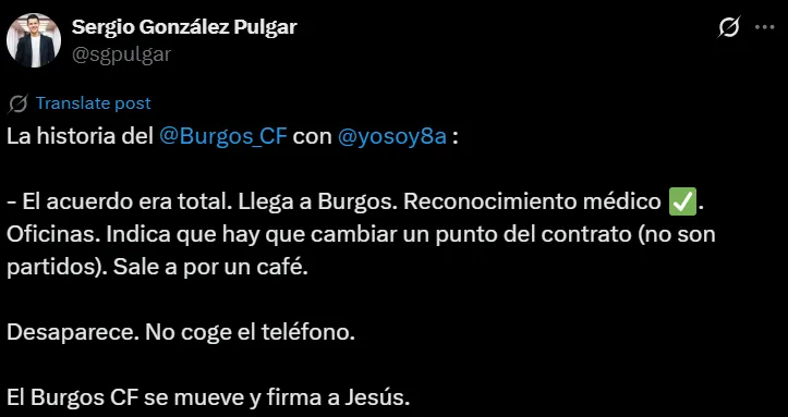 La versión que reveló el periodista Sergio González Pulgar sobre el frustrado pase de Memo Ochoa a Burgos. (Captura de pantalla)