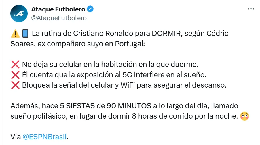 La rutina de sueño de CR7 (@AtaqueFutbolero)