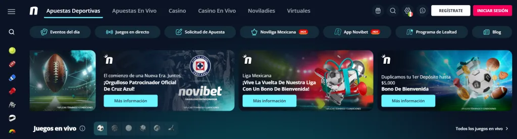 Sección de apuestas deportivas en Novibet México
