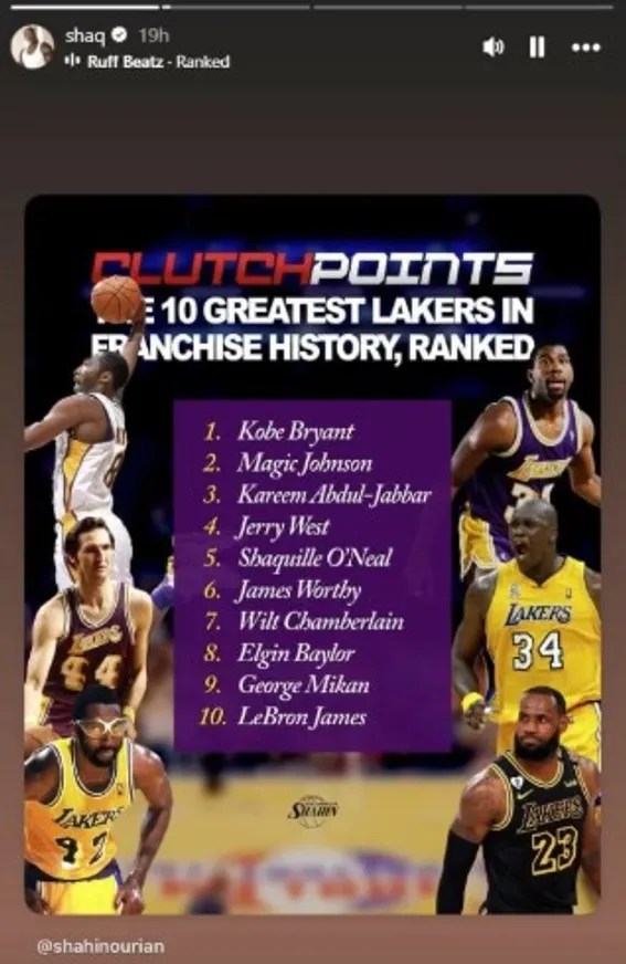 Los 10 mejores jugadores de Lakers, según O’Neal. (Foto: Instagram / @shaq)
