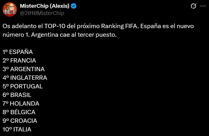 Así quedarán los 10 primeros lugares del nuevo ranking FIFA, que se publicará oficialmente el miércoles 17 de septiembre. (Captura de pantalla)