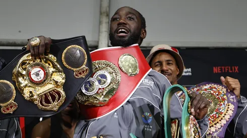 LAS VEGAS, NEVADA – SEPTEMBER 13: Terence Crawford is seen with his belts following his undisputed super middleweight title fight where he defeated Canelo Alvarez (not pictured) by unanimous decision (116-112, 115-113, 115-113) during Netflix's Canelo v Crawford Fight Night at Allegiant Stadium on September 13, 2025 in Las Vegas, Nevada. (Photo by Harry How/Getty Images for Netflix)