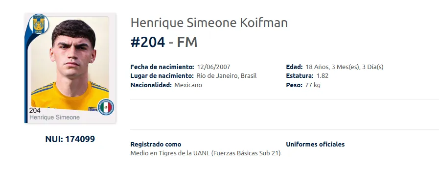 Henrique Simeone registrado en el sub21 de Tigres (Captura de Liga MX)