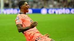 Rashford festeja uno de sus dos goles ante Newcastle por la UEFA Champions League.