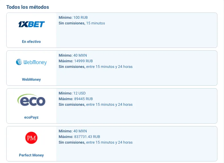 cuatro de los 15 métodos de retoro de ganancias en 1xbet: efectivo, WebMoney, Ecopayz, Perfect Money