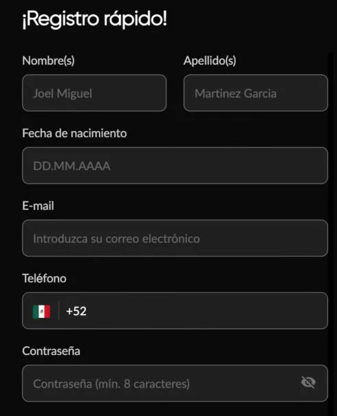 Pantalla de registro en Betboom