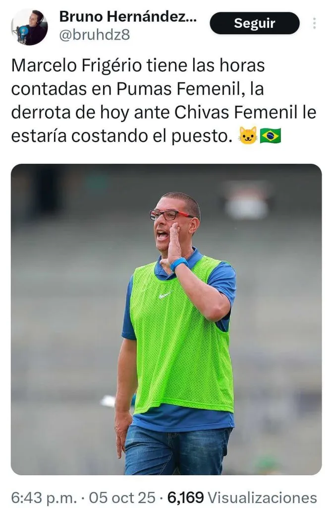 Marcelo Frigério cerca de salir de Pumas Femenil