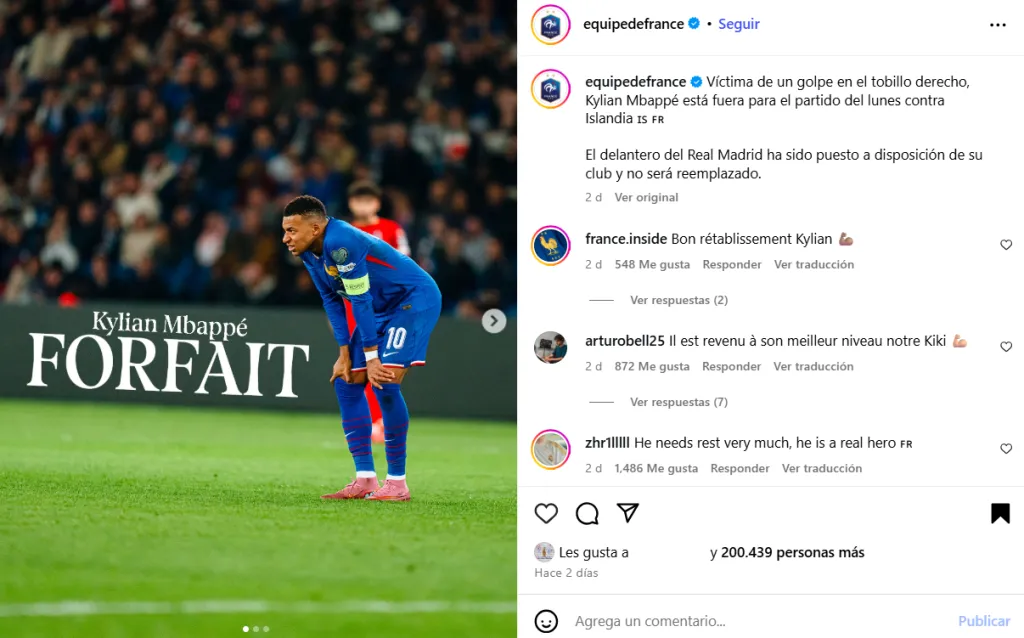 El posteo de la Selección de Francia sobre Kylian Mbappé (@equipedefrance)