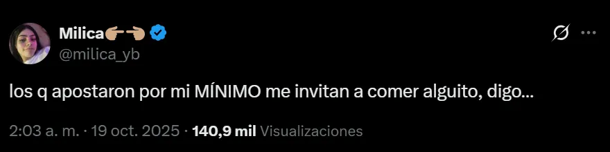 Milica le pidió a los que apostaron por ella que la inviten a comer.