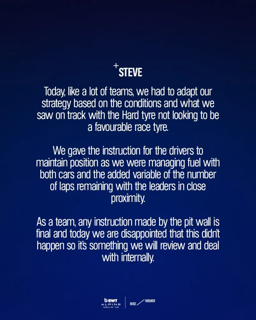 El comunicado de Alpine (@AlpineF1Team)