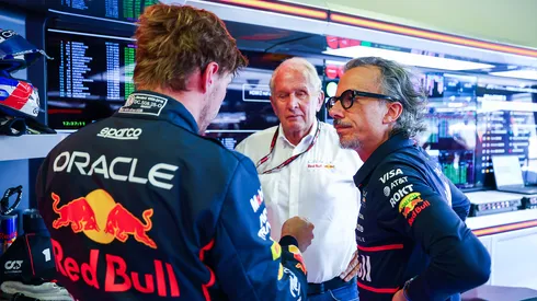 Max Verstappen, Helmut Marko y Laurent Mekies