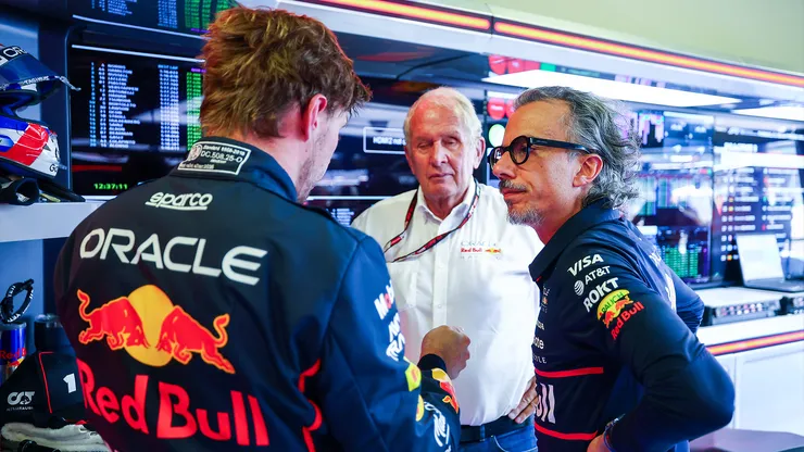 Max Verstappen, Helmut Marko y Laurent Mekies