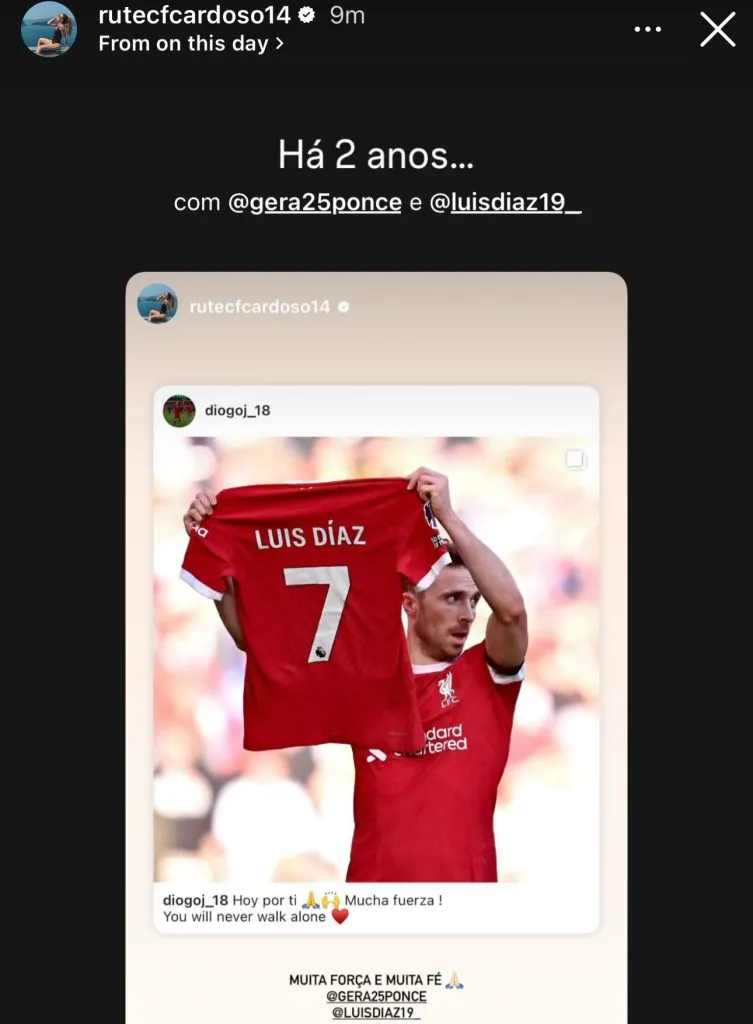 Historia de la esposa de Jota sobre homenaje a Luis Díaz. (Foto: Instagram / @rutecfcardoso14)