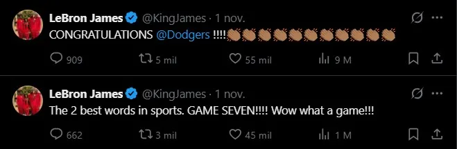 Las reacciones de LeBron al título de Dodgers en la Serie Mundial. (Foto: X / @kingjames)