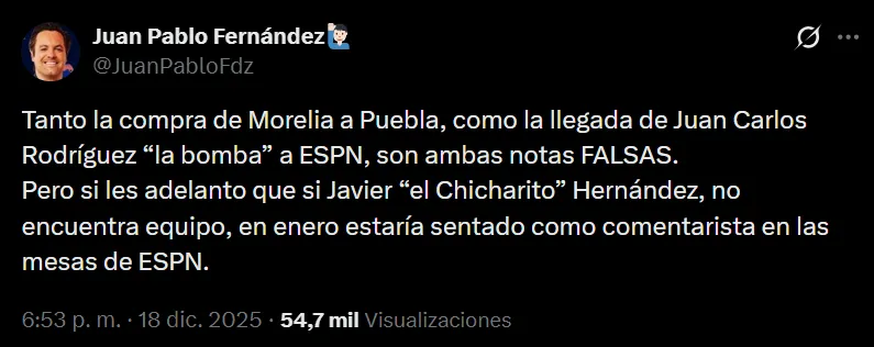 Posteo de Juan Pablo Fernández sobre Chicharito en X