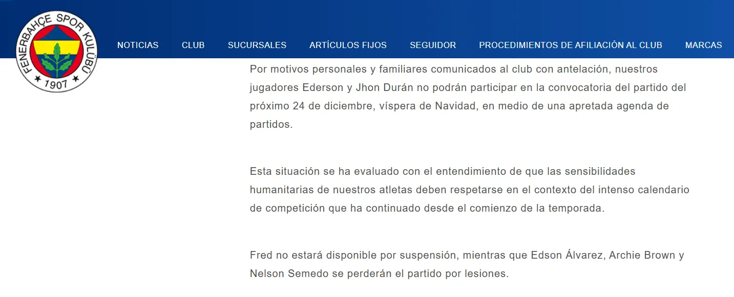 Fenerbahce informó la lesión de Edson Álvarez en su sitio web. [Foto: Captura]