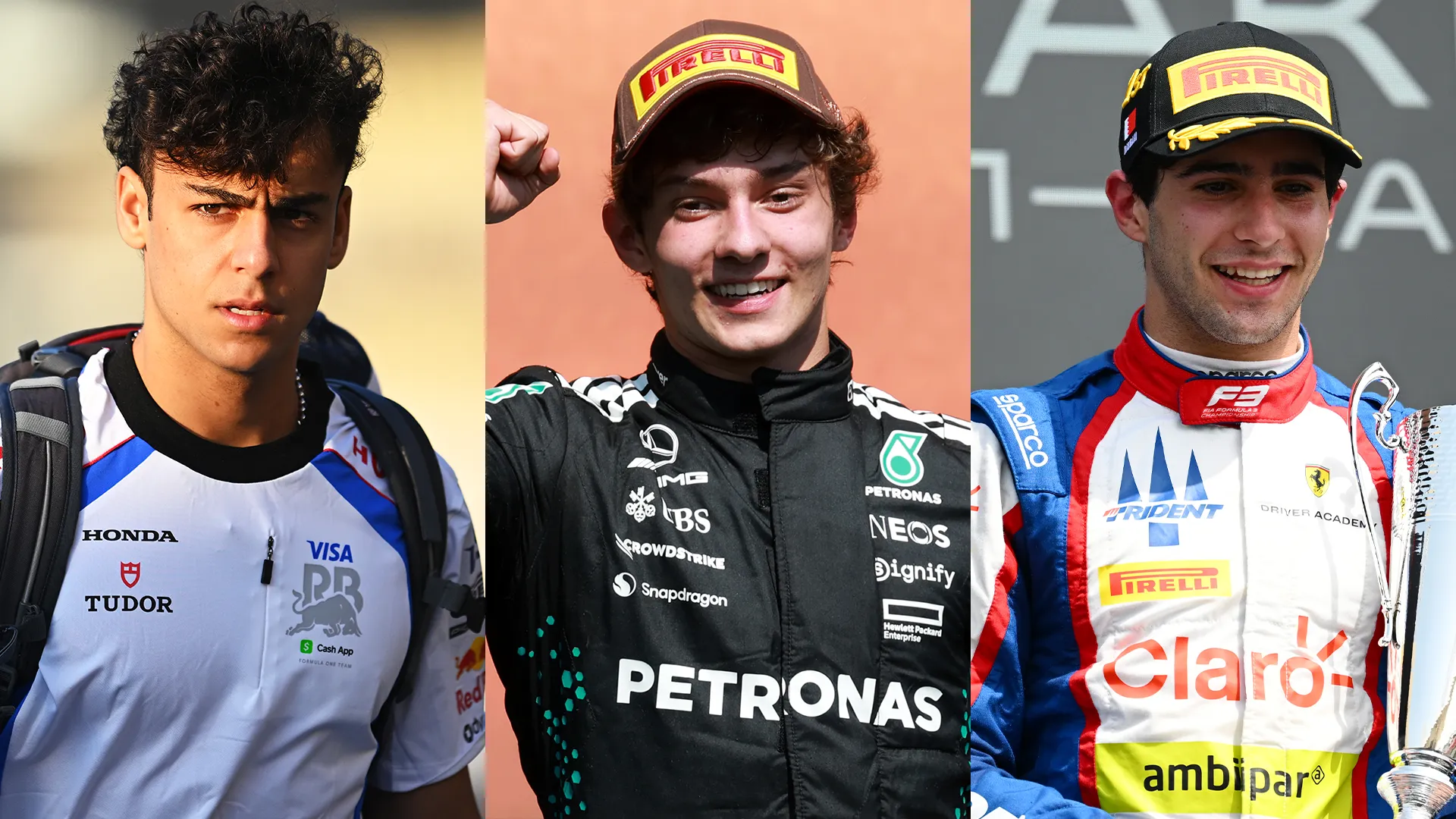 Arvid Lindblad, Kimi Antonelli y Rafael Câmara (GETTY IMAGES)