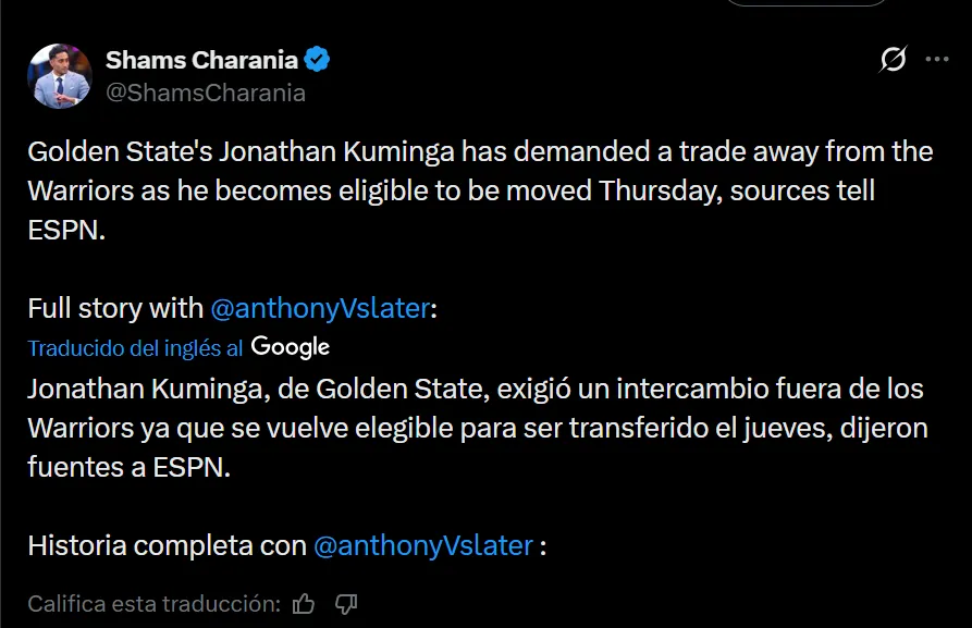 Shams Charania confirmó la salida de Jonathan Kuminga de Warriors. (X)